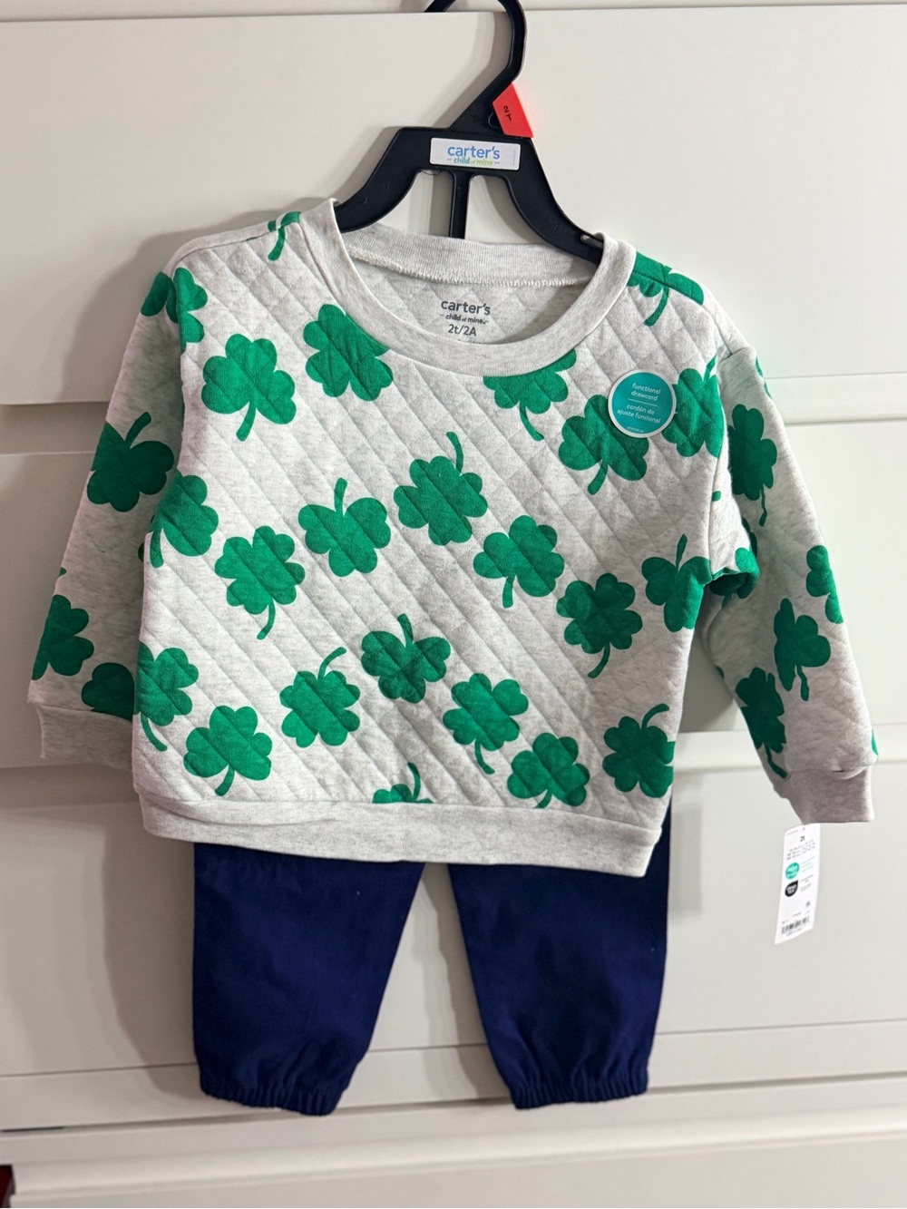 Carter's Gray Quilted Sweatshirt with Green Clover Print and Navy Pants - Picture 1 of 1